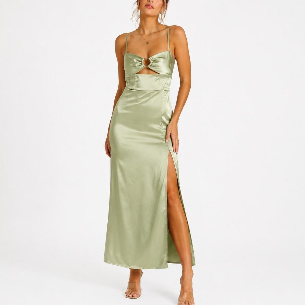 Cider Light Green Satin Cutout Spaghetti Strap Midi Dress Size Medium